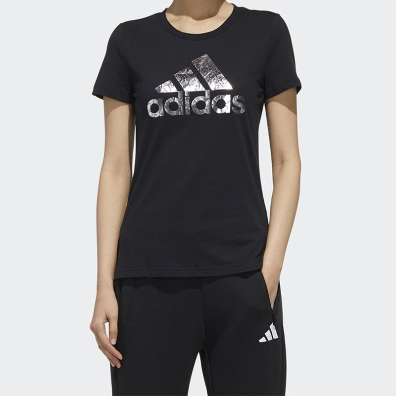 (WMNS) adidas Brand Large logo Printing Solid Color Short Sleeve Black FM9294