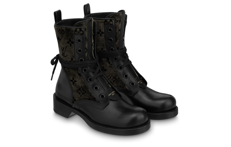 (WMNS) LOUIS VUITTON LV Flat Ranger Boots 'Black with Olive Green Monogram' 1AADKK