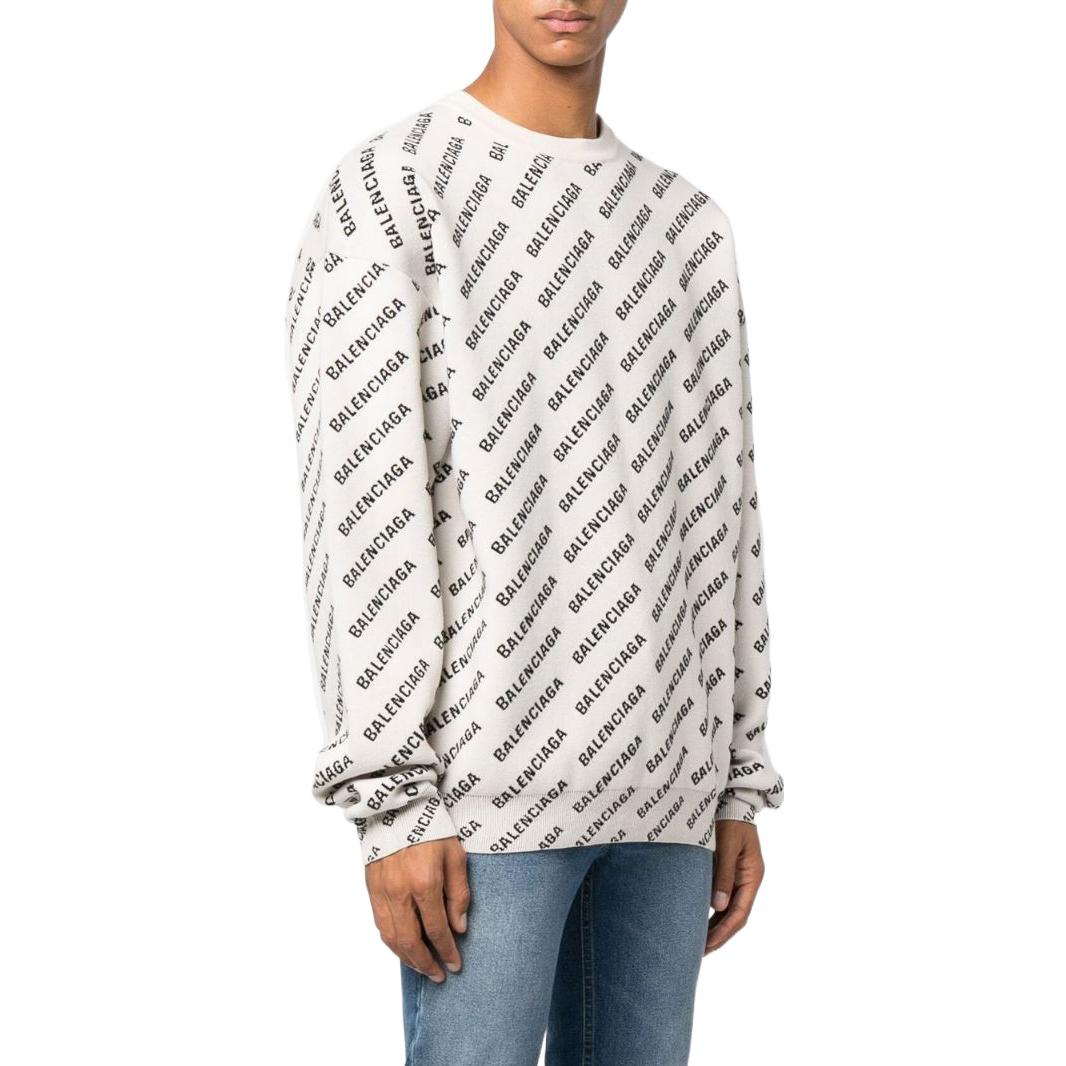 Balenciaga All Over Logo Crewneck Sweater 'White Black' 702952T32339054