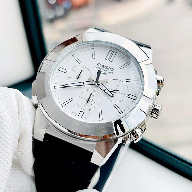 Casio Dress Classic Minimalistic Analog Watch 'White Black Silver' MTP-E500-7AV