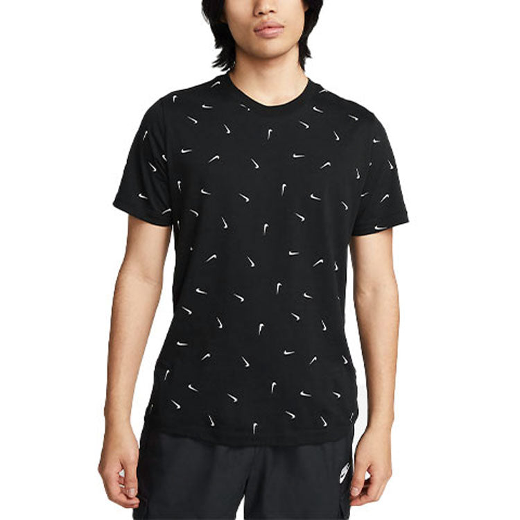 Men's Nike Logo Full Print Round Neck Pullover Short Sleeve Black T-Shirt DR7910-010