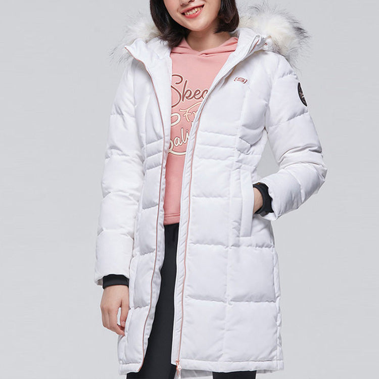 (WMNS) Skechers Long Waist-Drawstring Furry Hooded Down Jacket 'Black White' L419W046