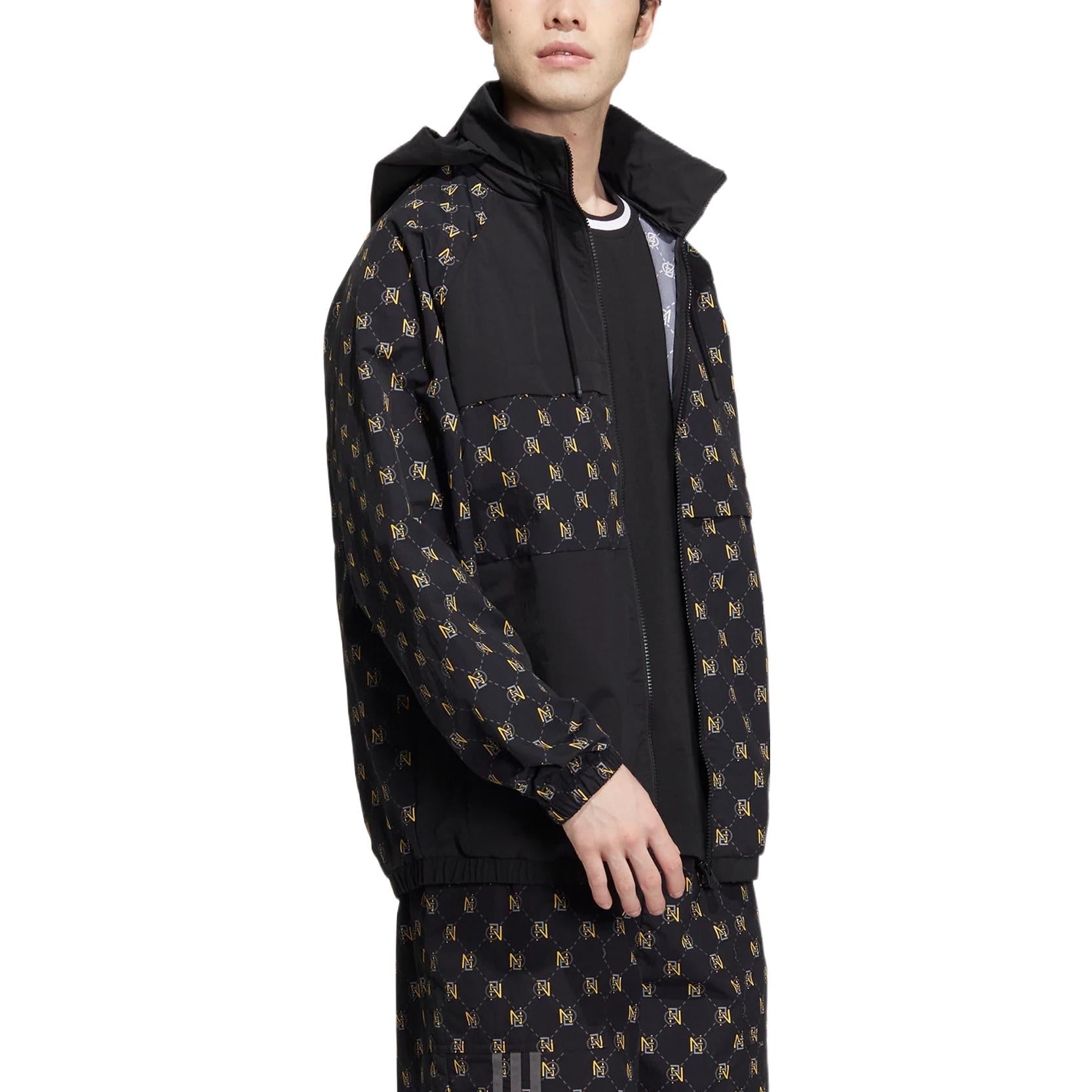 Men's adidas neo Monogram Wb 2 Full Print Pattern Zipper Stand Collar Jacket Black HM2038
