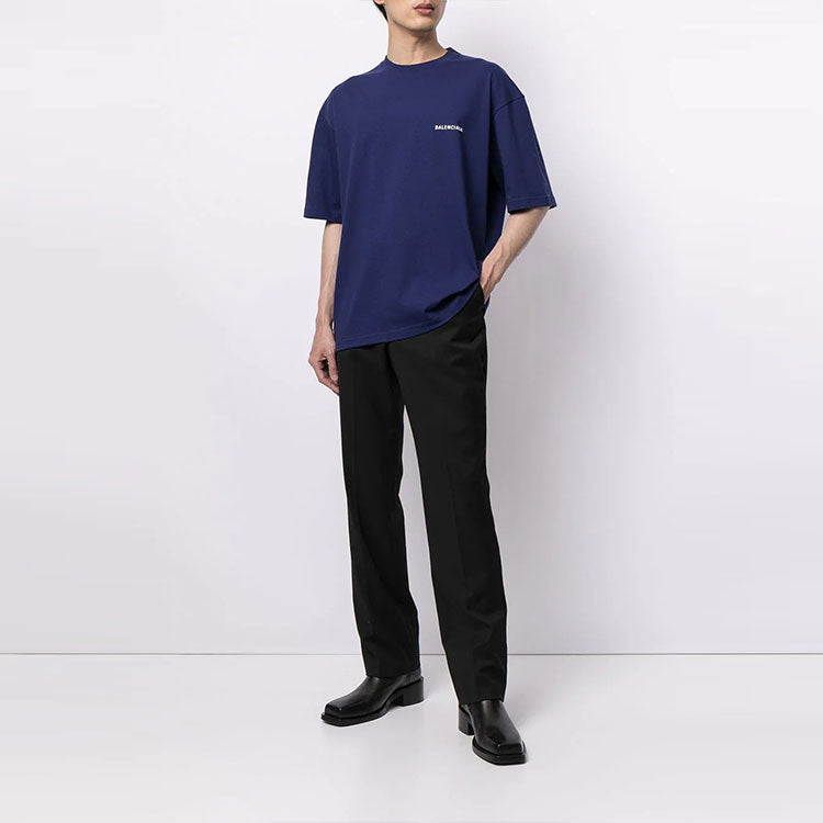 Men's Balenciaga FW21 Logo Round Neck Pullover Short Sleeve Blue 612966TIVG53967