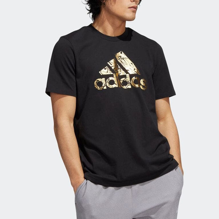 Men's adidas Large Logo Printing Casual Round Neck Pullover Short Sleeve Black T-Shirt HK9157