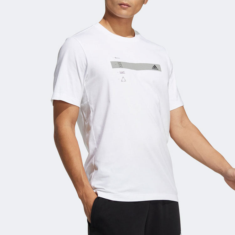Men's adidas Stripe Printing Round Neck Pullover Casual Short Sleeve White T-Shirt HM5151