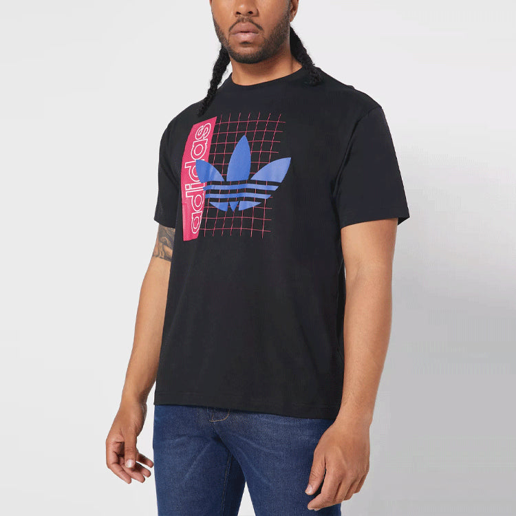 Men's adidas originals Grid Tref Tee Retro Mesh Logo Printing Sports Round Neck Short Sleeve Black T-Shirt FM1559