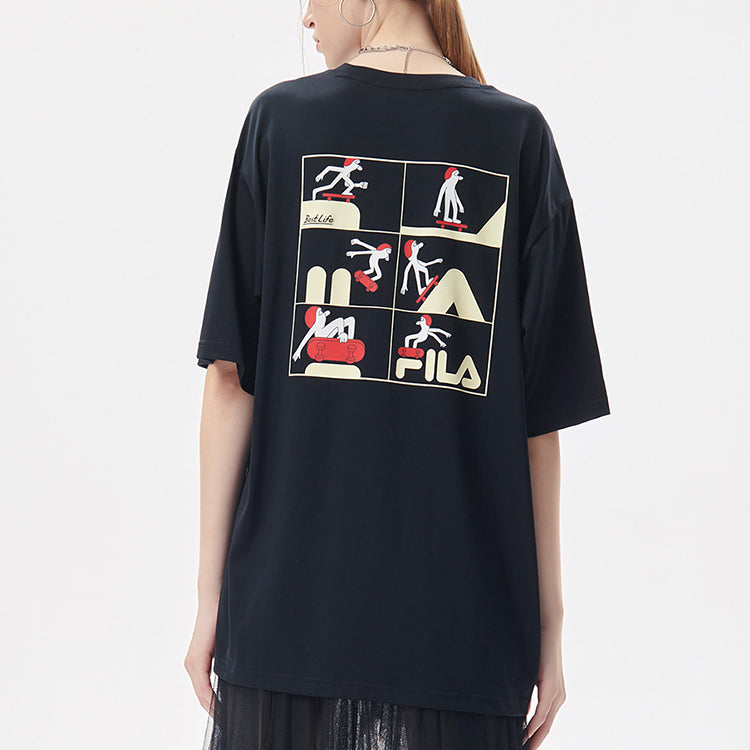 FILA FUSION x Jeremyville Crossover Skateboard Sports Printing Loose Short Sleeve Couple Style Black T11U139103F-BK