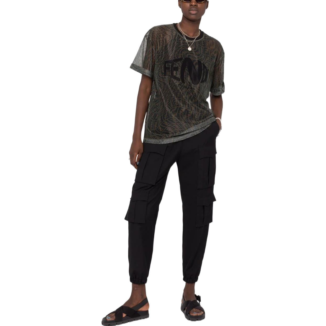 FENDI SS21 Mesh Round Neck Loose Short Sleeve Brown T-Shirt FS7375AG77F118W