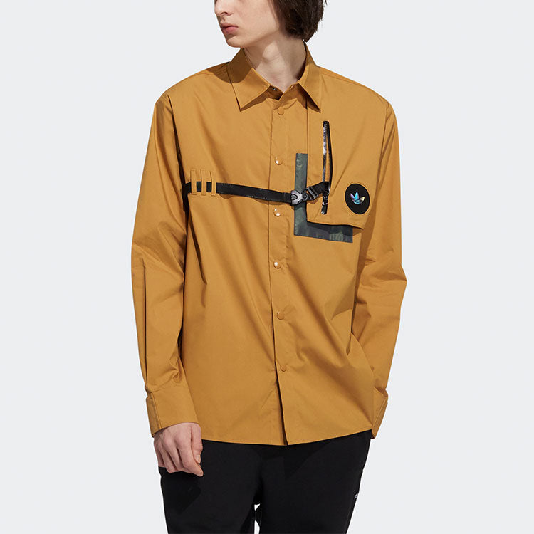 Men's adidas originals Prem Wvn Lshirt Lapel Chest Long Sleeves Wheat Brown Shirt H58072