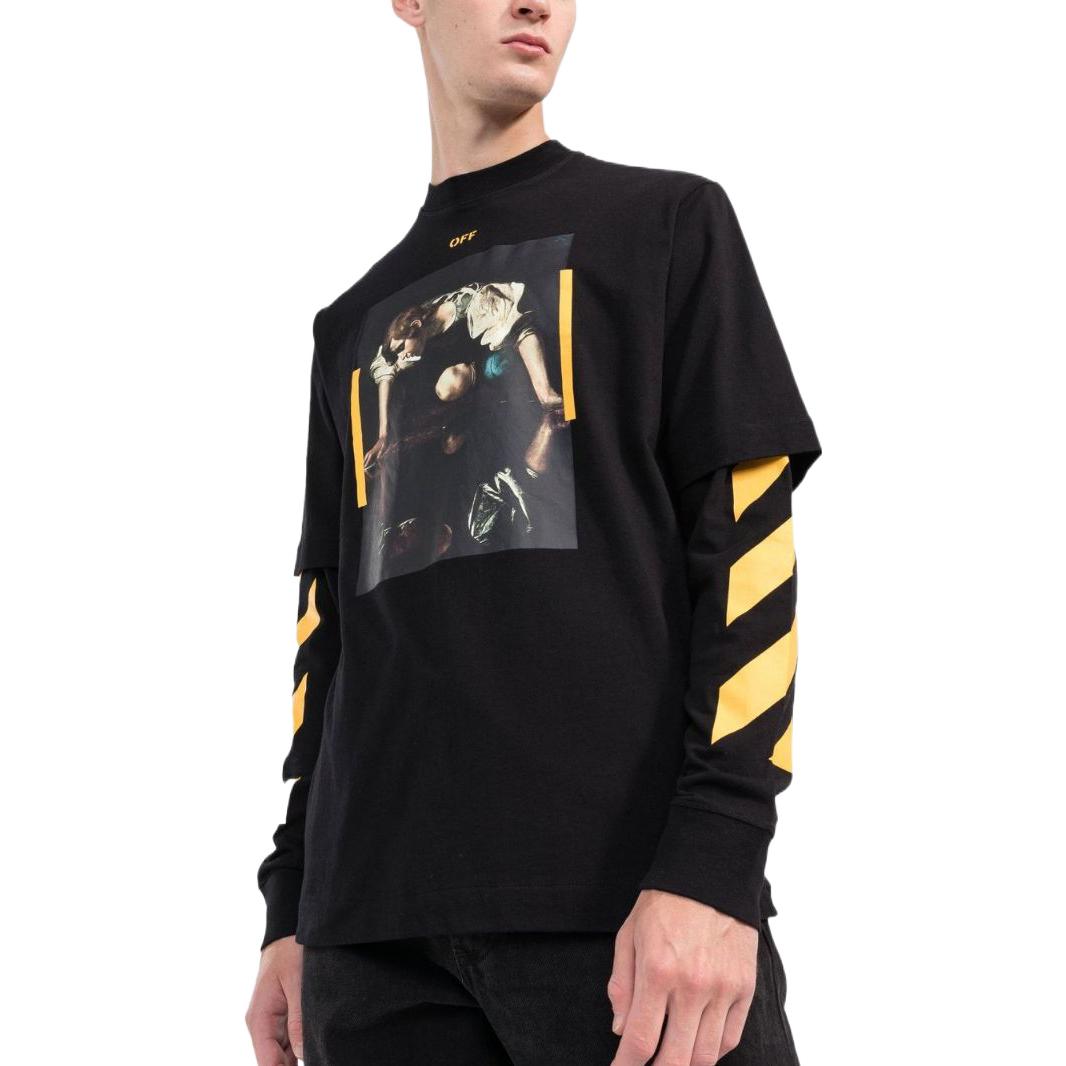 Men's Off-White SS22 Printing Round Neck Long Sleeves Version Black T-Shirt OMAB068C99JER00310181018
