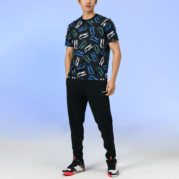 Li-Ning Badminton Series Full Print Logo Quick Dry Round Neck Short Sleeve Black AHSR867-2