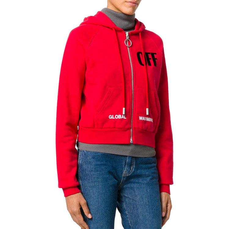 (WMNS) Off-White Micro Mark Hooded Casual Zipper Hoodie Jacket Loose Fit Red OWBB018E170030012010