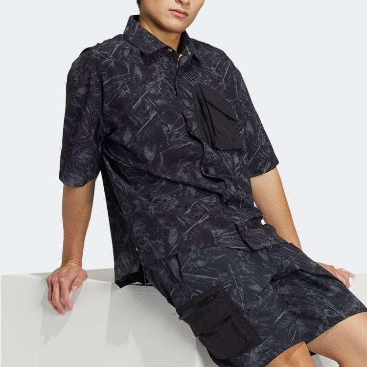 Men's adidas originals SS22 Full Print Pattern Casual Short Sleeve Black Shirt HS9471