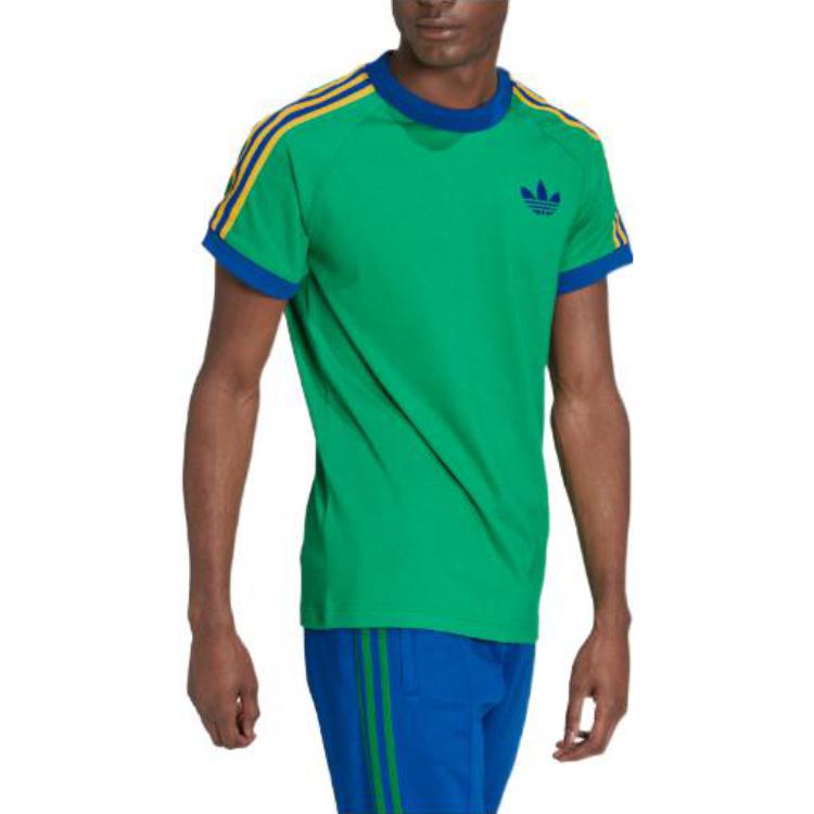 Men's adidas originals Cali Tee Pattern Stripe Printing Ribbed Round Neck Short Sleeve Green T-Shirt IB3423