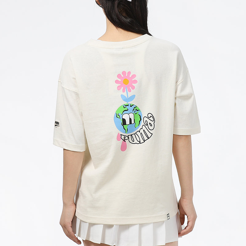 (WMNS) PUMA Downtown Graphic Printing Casual Sports Round Neck Short Sleeve Creamy White 533050-73