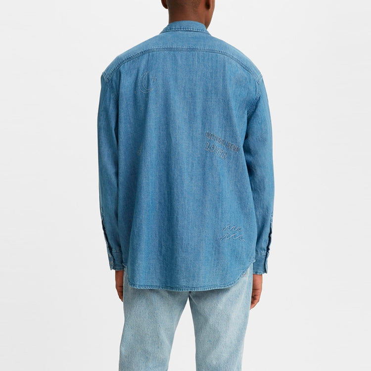 Men's Levis Irregular Embroidered Pattern Lapel Denim Long Sleeves Blue Shirt 85470-0003