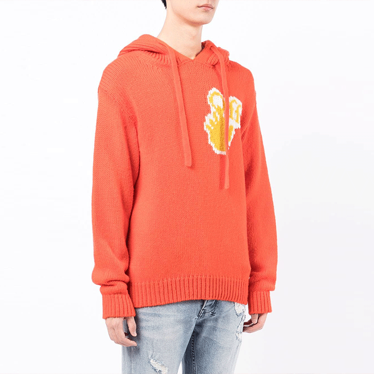 Men's Off-White FW21 Logo Intarsia Knit Pullover Hooded Wool Sweater Loose Fit Orange OMHA128F21KNI0012018