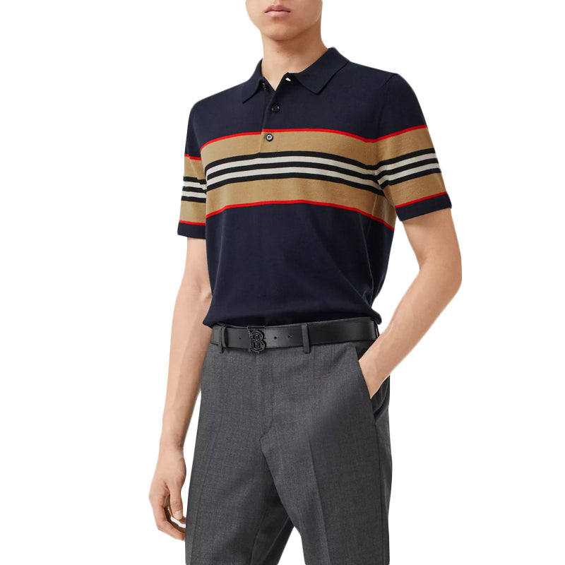 Men's Burberry Stripe Printing Short Sleeve Polo Shirt Navy Blue 80259631