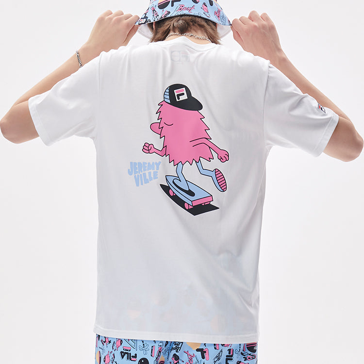 FILA FUSION x Jeremyville Crossover Skateboard Cartoon Printing Sports Round Neck Short Sleeve White T-Shirt T11U139105F-WT