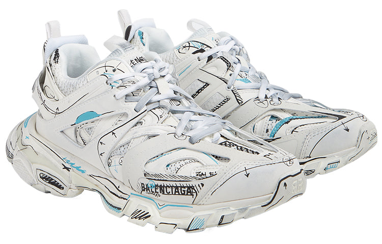 (WMNS) Balenciaga Track 1.0 Sneakers ' White Blue Mesh and Nylon Graffiti' 542436W3SRA9014