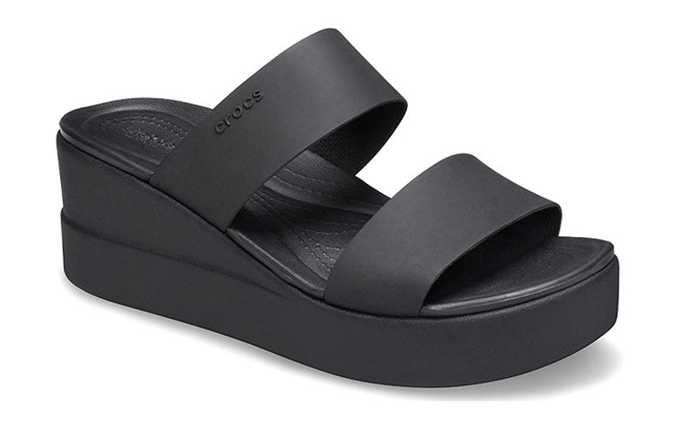 (WMNS) Crocs Brooklyn Double Strap Round Toe Mid Wedges Slides 'Black' 206219-060