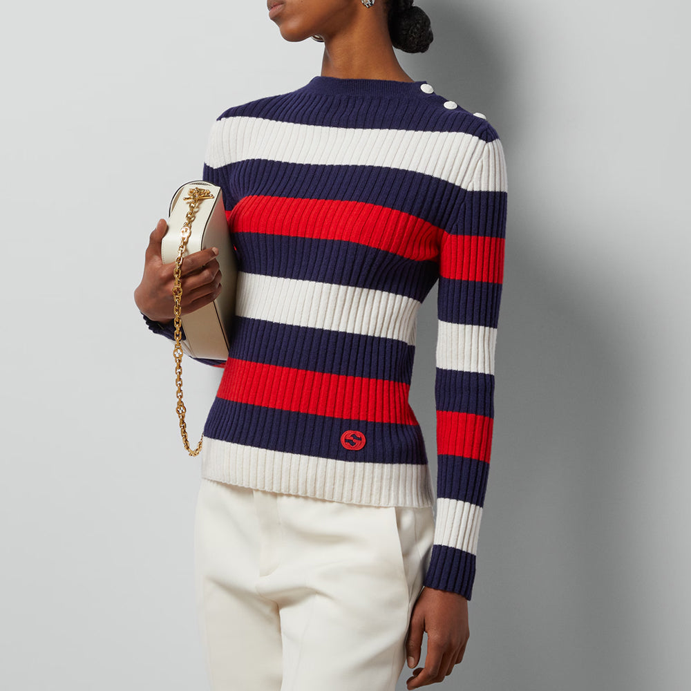 (WMNS) Gucci Striped Rib Stitch Wool Top 'Ivory Blue Red' 772969-XKDQF-9330