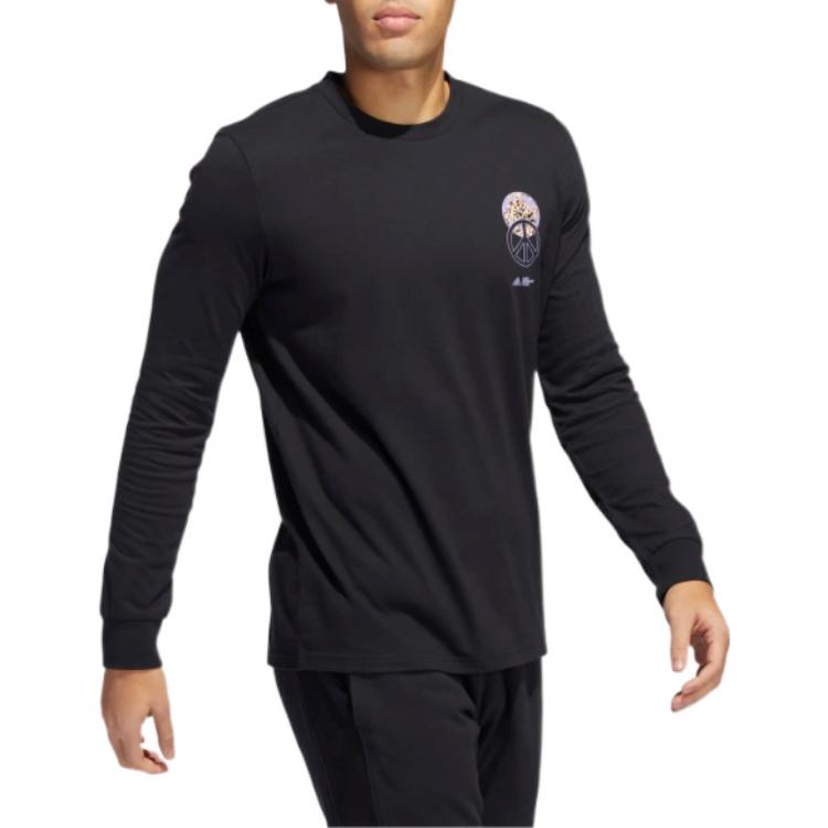 Men's adidas Back Alphabet Printing Cotton Knit Round Neck Pullover Long Sleeves Black T-Shirt HC7567