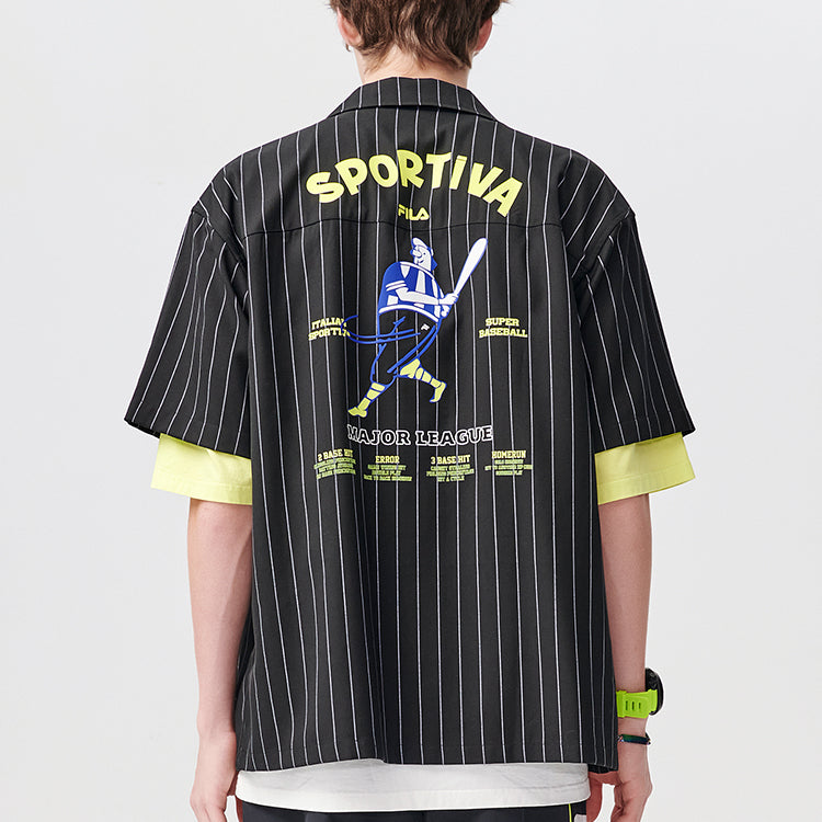 FILA FUSION Cartoon Printing Loose Stripe Short Sleeve Shirt Couple Style Black T11U122401F-BK