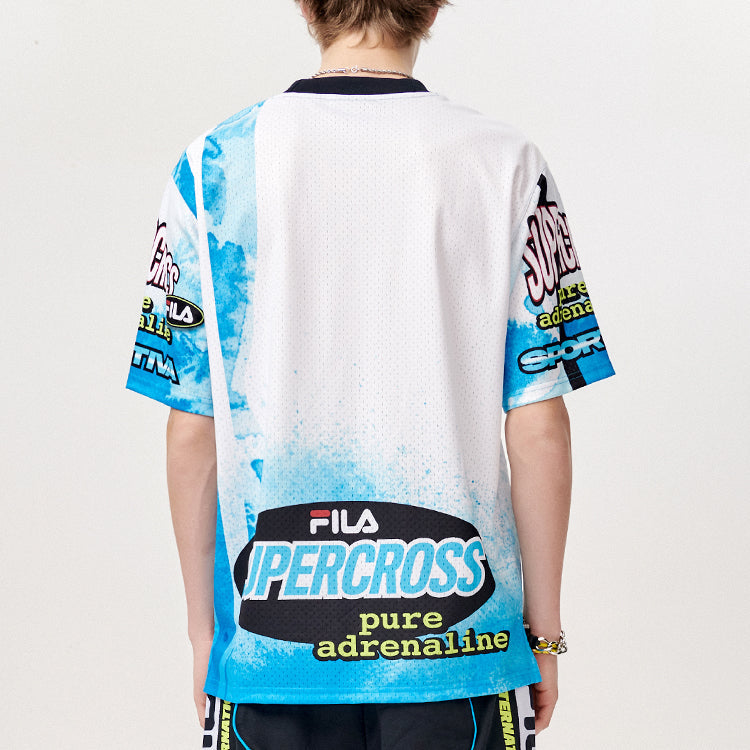 Men's FILA FUSION Full Print Alphabet Pattern Loose Knit Short Sleeve Blue T-Shirt T11M123105F-RB
