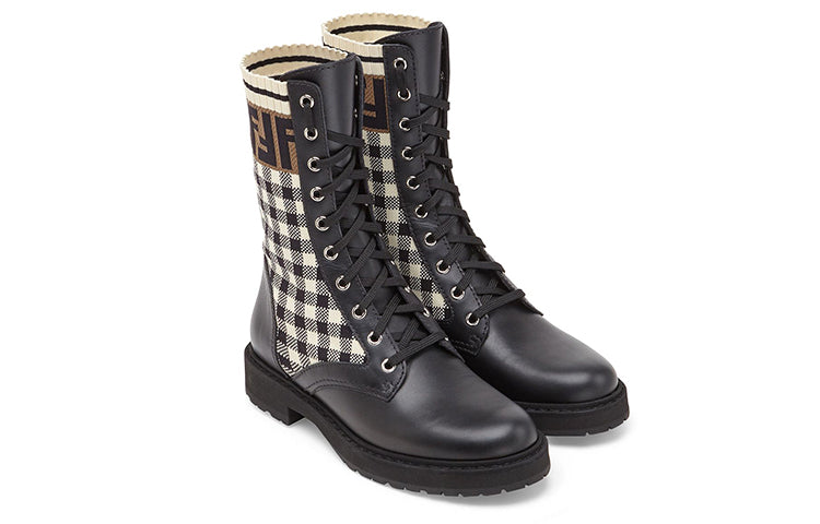 (WMNS) FENDI Black leather biker boots with stretch fabric 'Black White' 8T6780AD7AF1BPG