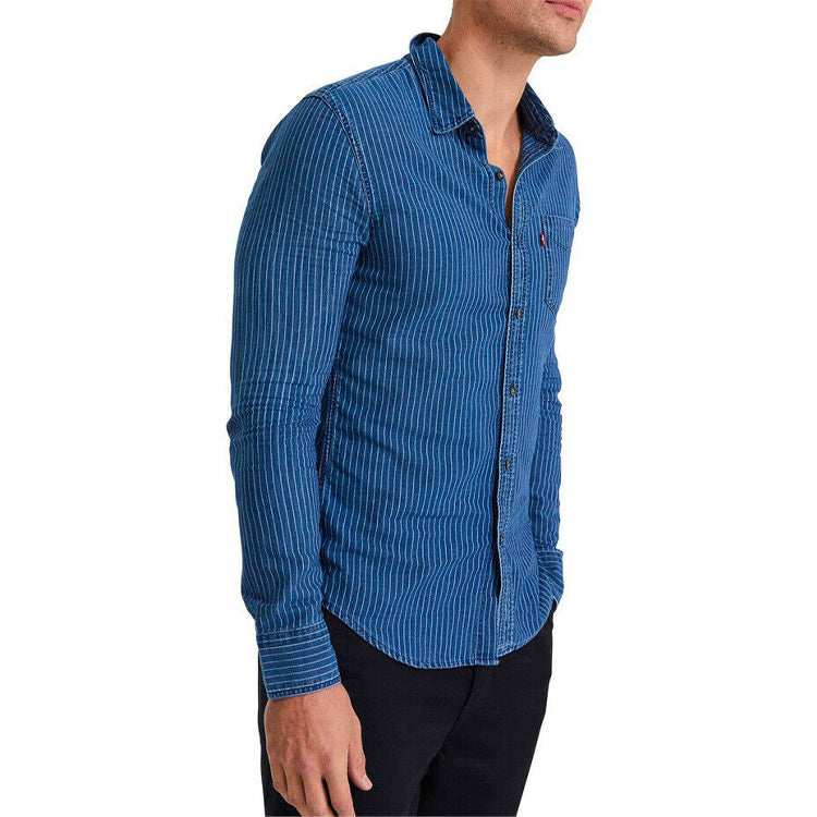 Men's Levis Casual Pure Cotton Stripe Long Sleeves Blue Shirt 86619-0000
