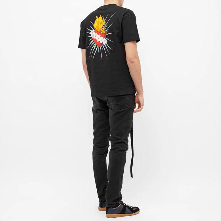Men's PALM ANGELS Back Sacred Heart Tee Heart Shape Printing Short Sleeve Black PMAA001S204130151088