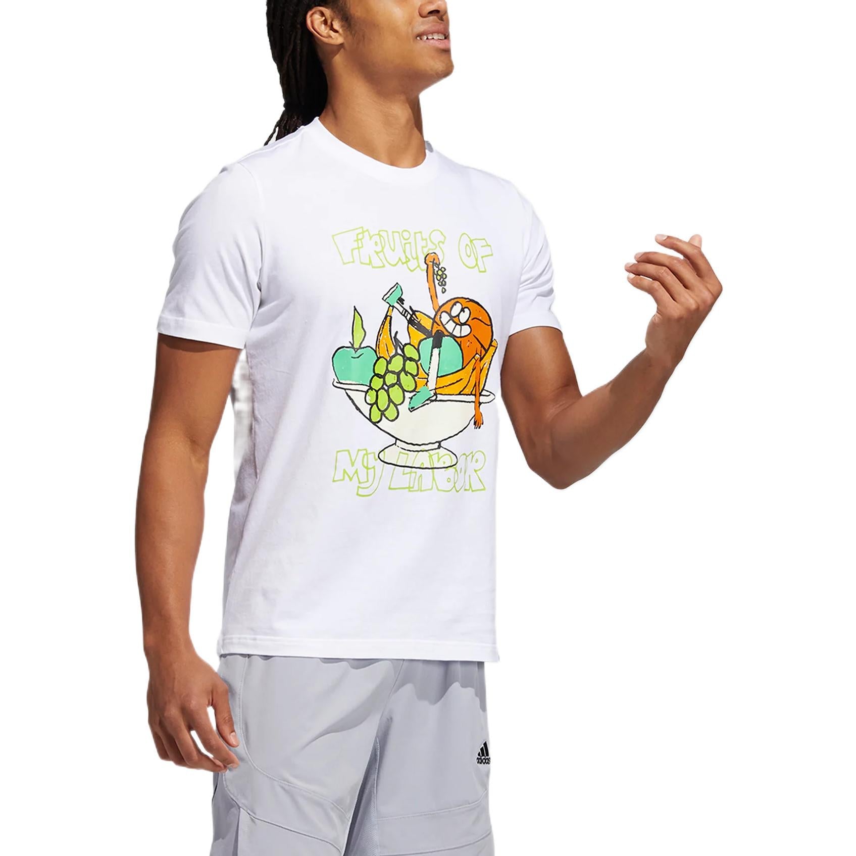 Men's adidas Cartoon Printing Alphabet Pattern Round Neck Short Sleeve White T-Shirt GS7213