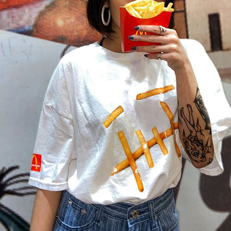 Men's Travis Scott Cactus Jack x Mcdonald Crossover fries Pattern Casual Short Sleeve White CJMD-SS18