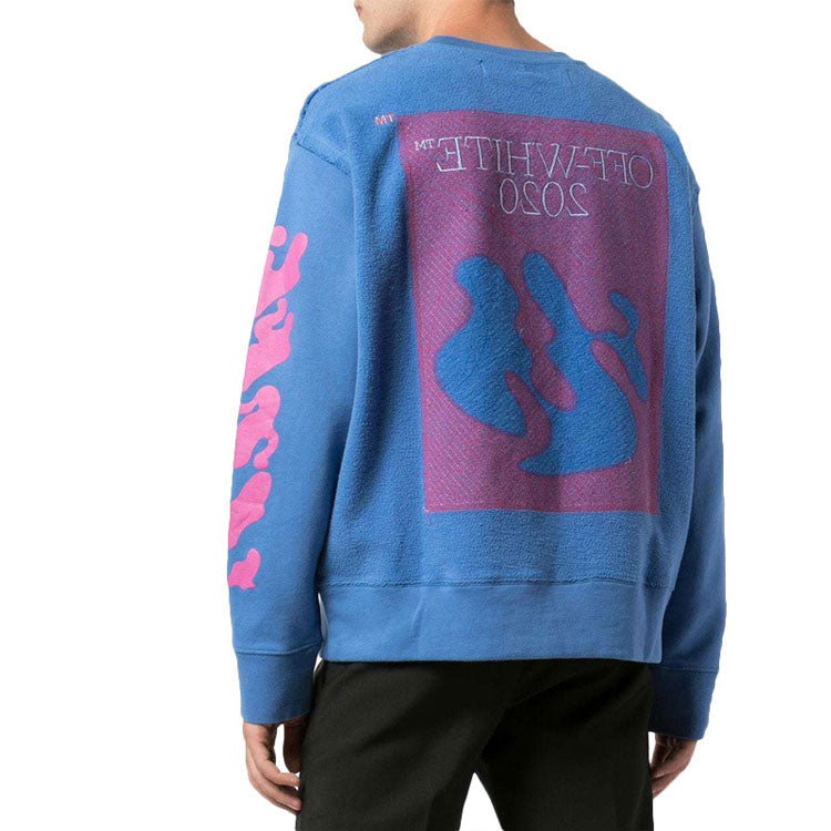 Men's Off-White Back Abstract Pattern Knit Round Neck Blue OMBA037F19E300153028