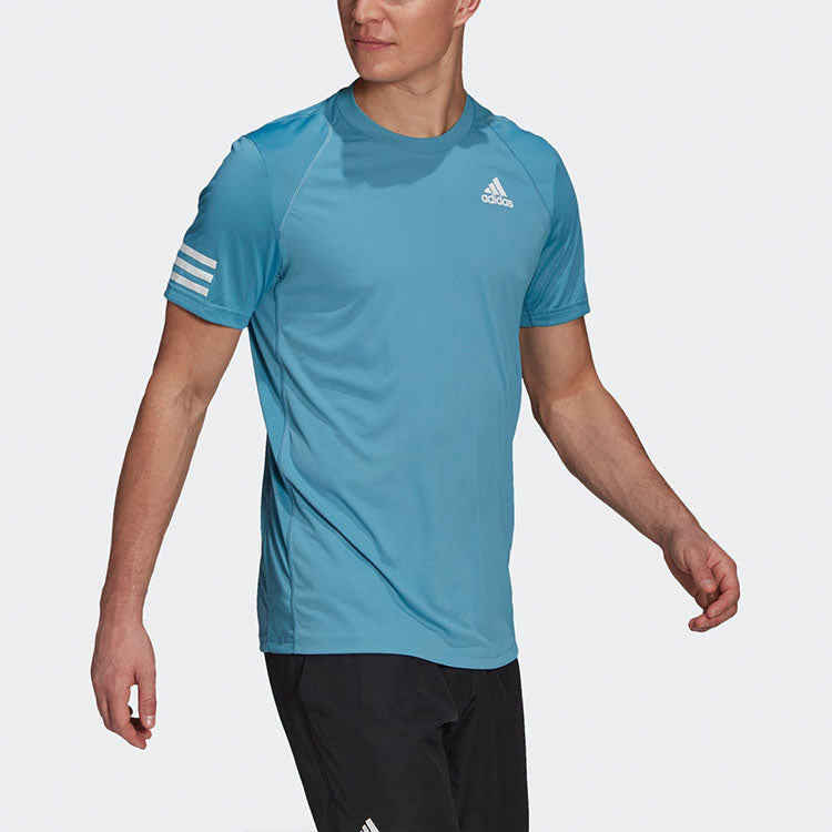 adidas Stripe Round Neck Pullover Logo Printing Solid Color Short Sleeve Light Blue GL5404