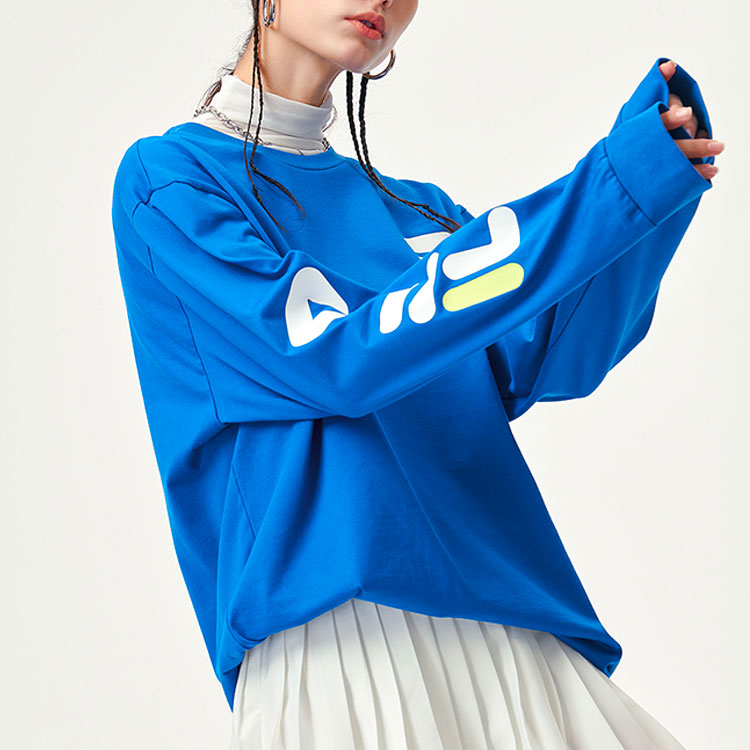 FILA FUSION Logo Printing Knit Loose Sports Round Neck Long Sleeves Couple Style Blue T11U156204F-DB