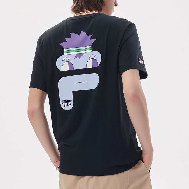 FILA FUSION x Jeremyville Crossover Cartoon Alphabet Printing Sports Short Sleeve Couple Style Black T11U139104F-BK