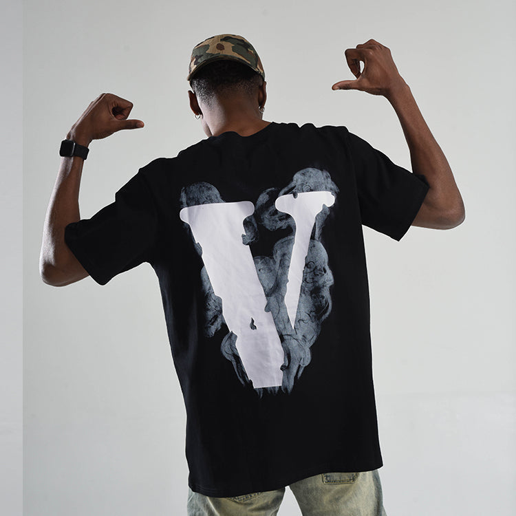 VLONE Smoke Demon Angel Pattern Alphabet Logo Short Sleeve Couple Style Black VLTE2001BK
