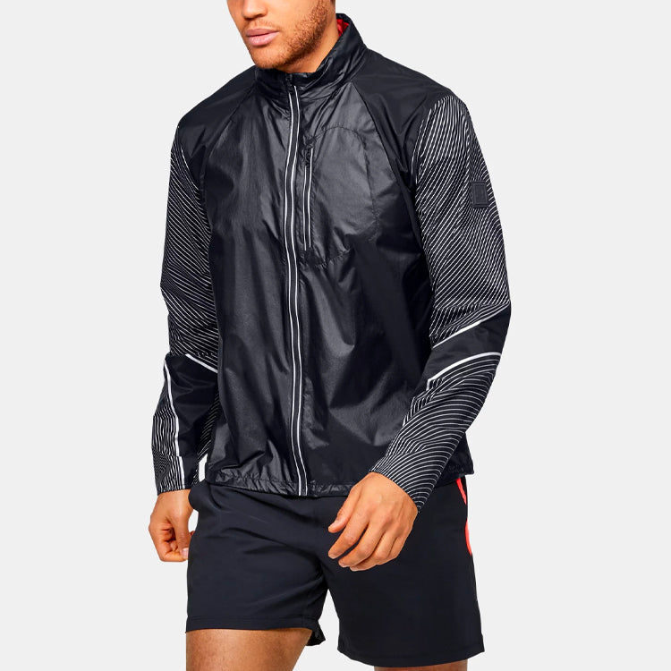 Men's Under Armour Run Impasse Reflect Stripe Pattern Stand Collar Long Sleeves Jacket Black 1350944-001