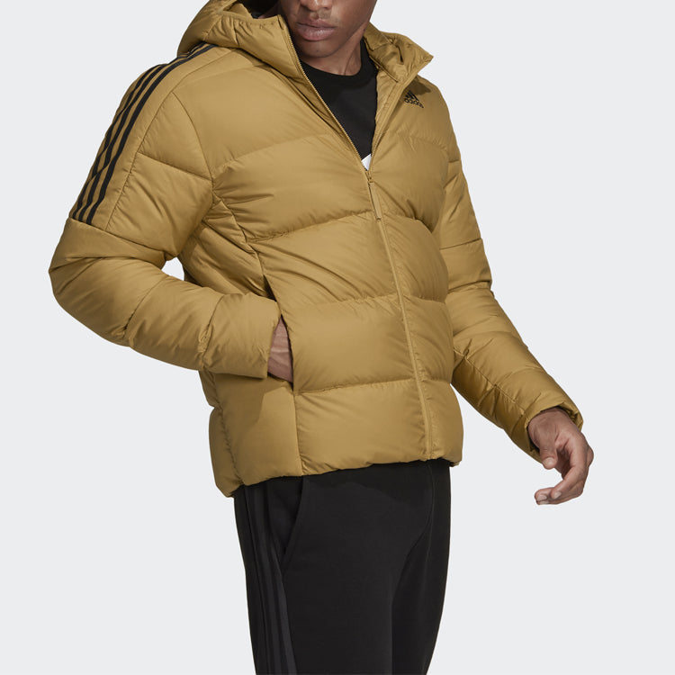 Men's adidas Logo Solid Color Long Sleeves Hooded Down Jacket Wheat Brown HD9743