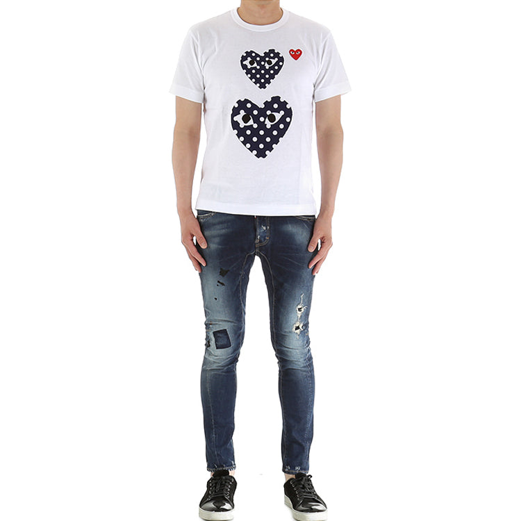 COMME des GARCONS PLAY Blue polka dots Large Small Pattern Short Sleeve White AZT238