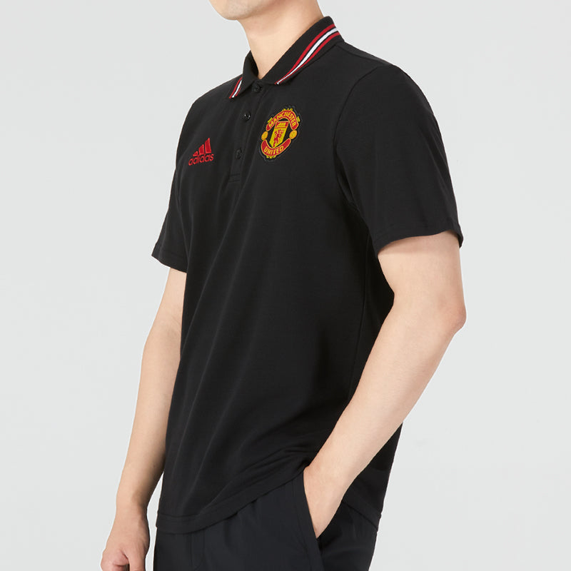 Men's adidas Manchester United Logo Embroidered Stripe Collar Short Sleeve Black Polo Shirt HE6664