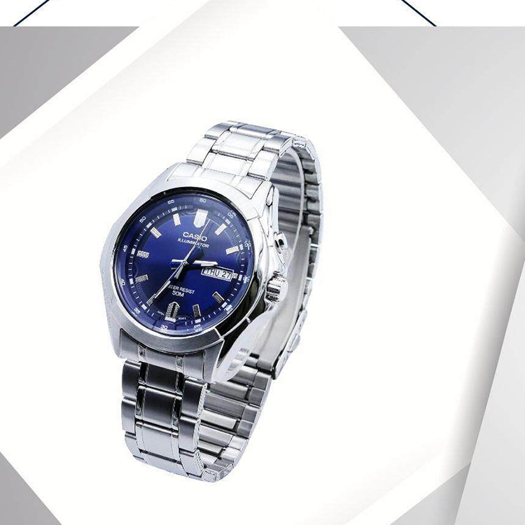 CASIO Waterproof Quartz Date Display Led Lighting Blue Dial 46mm Stainless Steel Strap Watch Silver Analog MTP-E205D-2AVDF