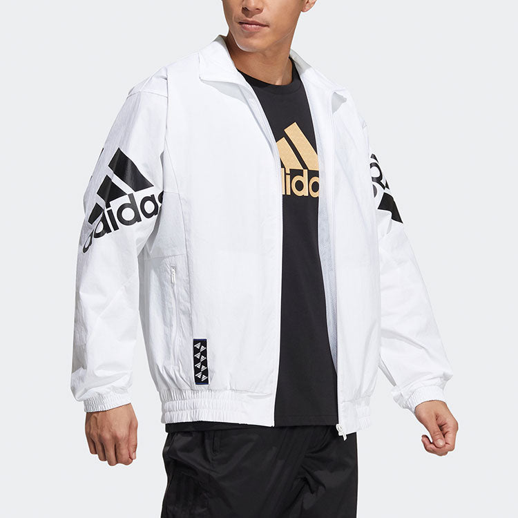adidas Contrasting Colors Large Logo Zipper Cardigan Stand Collar Long Sleeves Jacket White HE7458