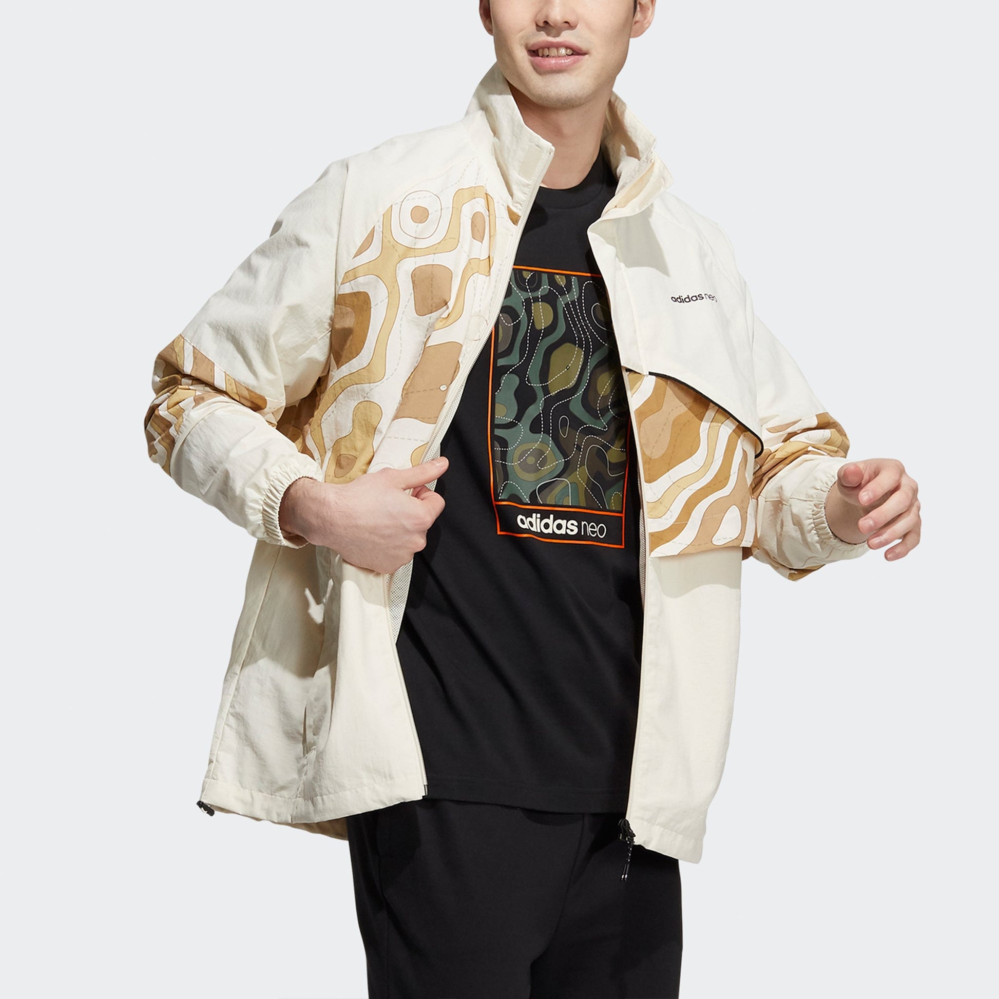 Men's adidas neo Cg Jk2 Contrast Color Stitching Sports Stand Collar Logo Jacket Creamy White HE7945