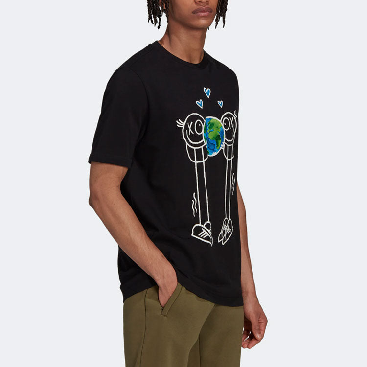 Men's adidas originals Cartoon Pattern Printing Logo Round Neck Short Sleeve Black T-Shirt HR7113