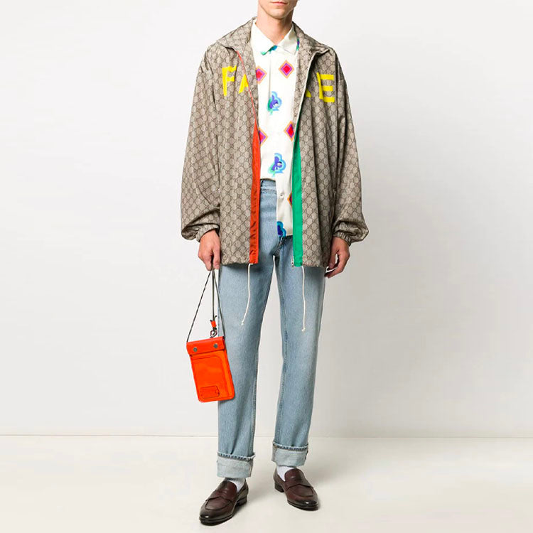 Gucci GG Pattern Not Fake Slogan Printing Jacket Male Brown 636390-ZAFKX-7294