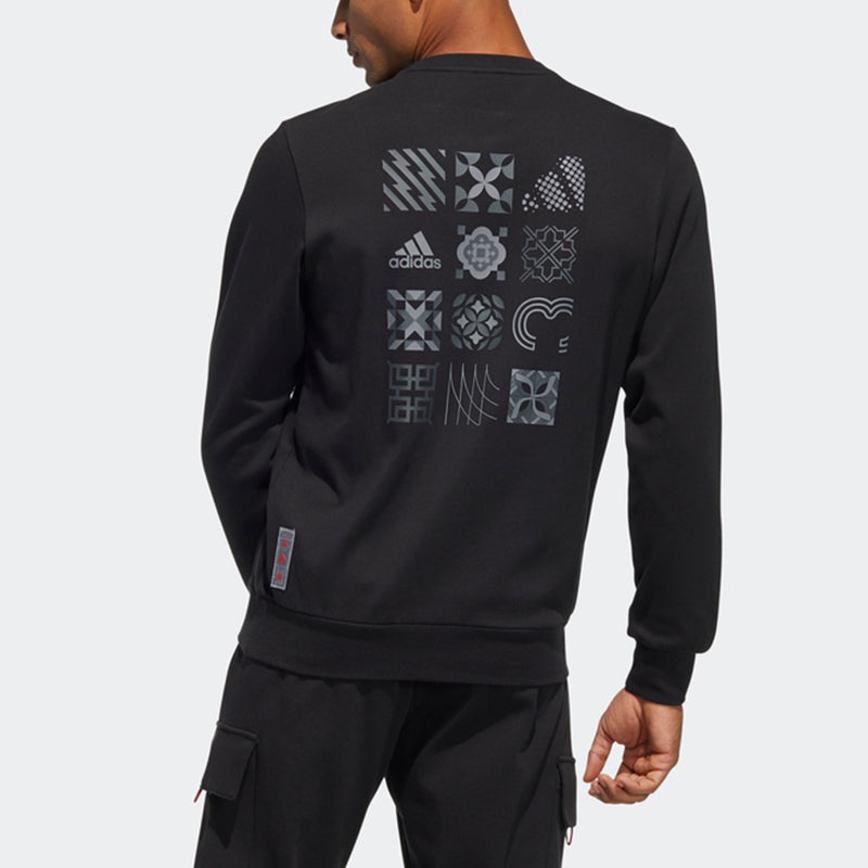 Men's adidas Cny Gfx Crew2 Limited Back Printing Stripe Sports Round Neck Pullover Black HC0264